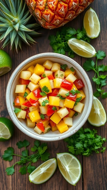 A bowl of pineapple salsa with cilantro and lime, surrounded by fresh ingredients like lime wedges and cilantro on a wooden table.
