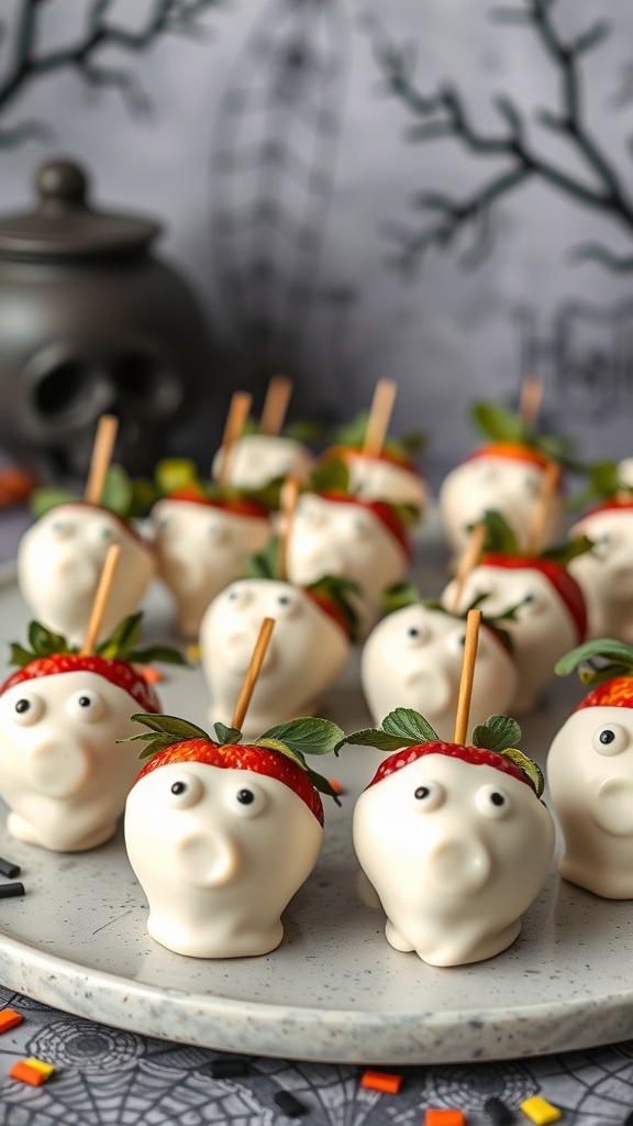 A plate of chocolate-dipped strawberries designed to look like ghosts, with candy eyes and green leaves.