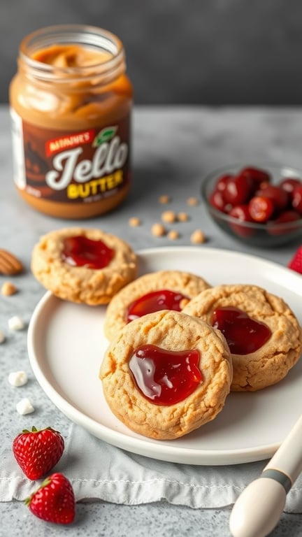 Plate of Peanut Butter and Jelly No-Bake Cookies with strawberries and jelly jar in the background.