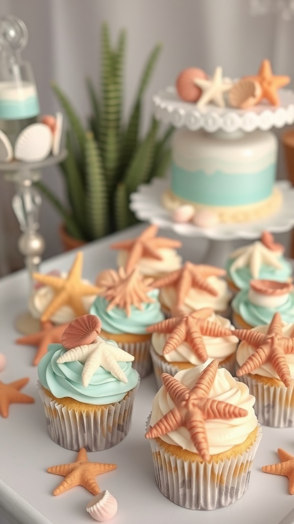 A display of beach-themed cupcakes and a cake decorated with starfish and seashells.