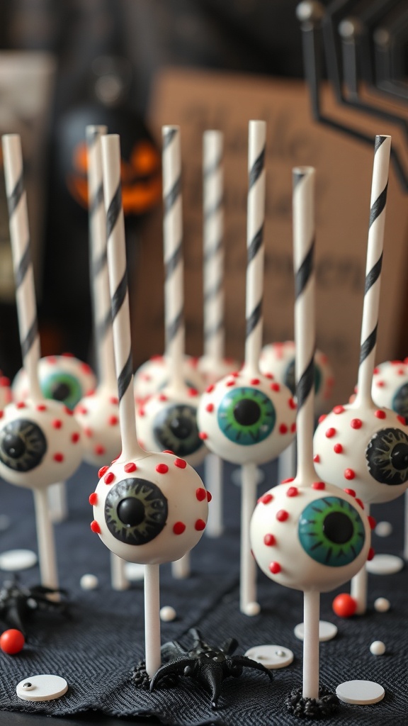A display of spooky eyeball cake pops with black and white straws, decorated with colorful candy.
