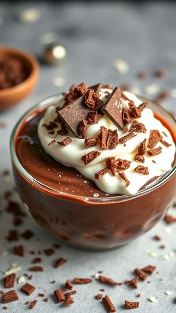 A bowl of vegan chocolate pudding topped with whipped cream and chocolate shavings.