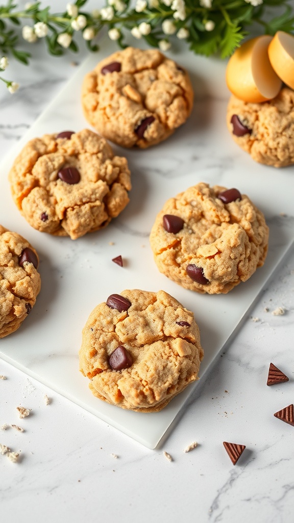 A plate of vegan no bake cookies with chocolate chips.