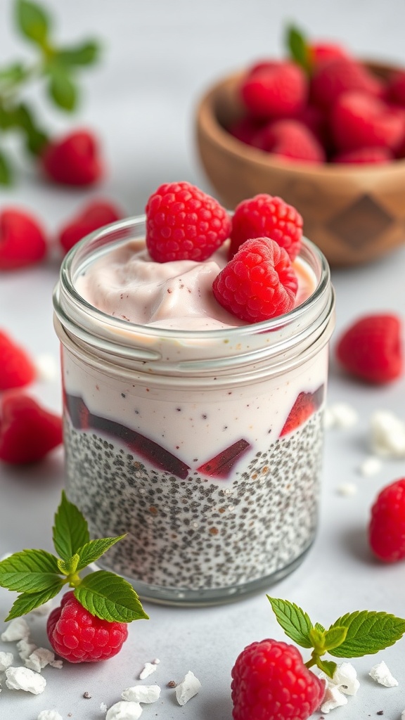 A jar of Raspberry Coconut Chia Pudding topped with fresh raspberries and mint leaves, with more raspberries in the background.