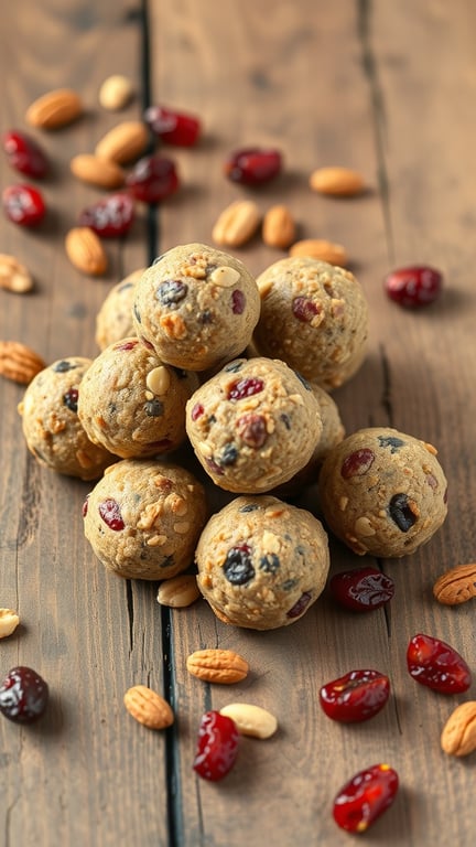 A stack of nutty cranberry energy bites on a wooden surface, surrounded by almonds and dried cranberries.