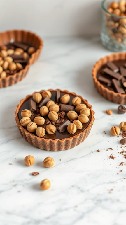 A chocolate hazelnut tart topped with whole hazelnuts, surrounded by additional tarts and hazelnuts on a marble surface.