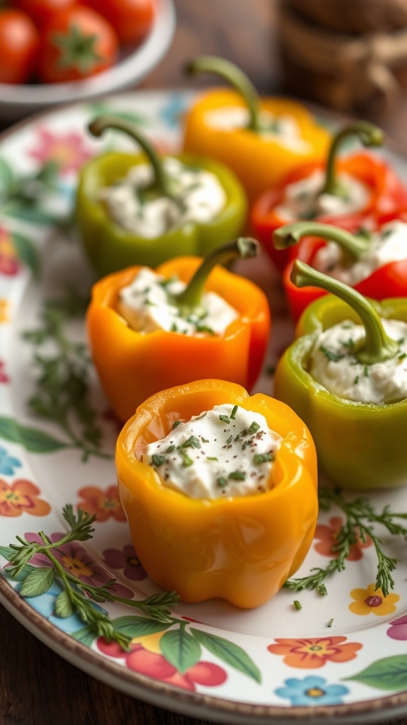 Colorful stuffed mini bell peppers filled with creamy filling on a floral plate