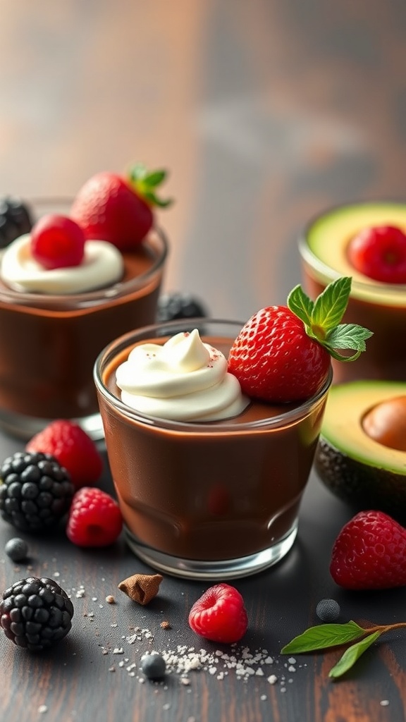 Chocolate avocado mousse topped with whipped cream and fresh berries