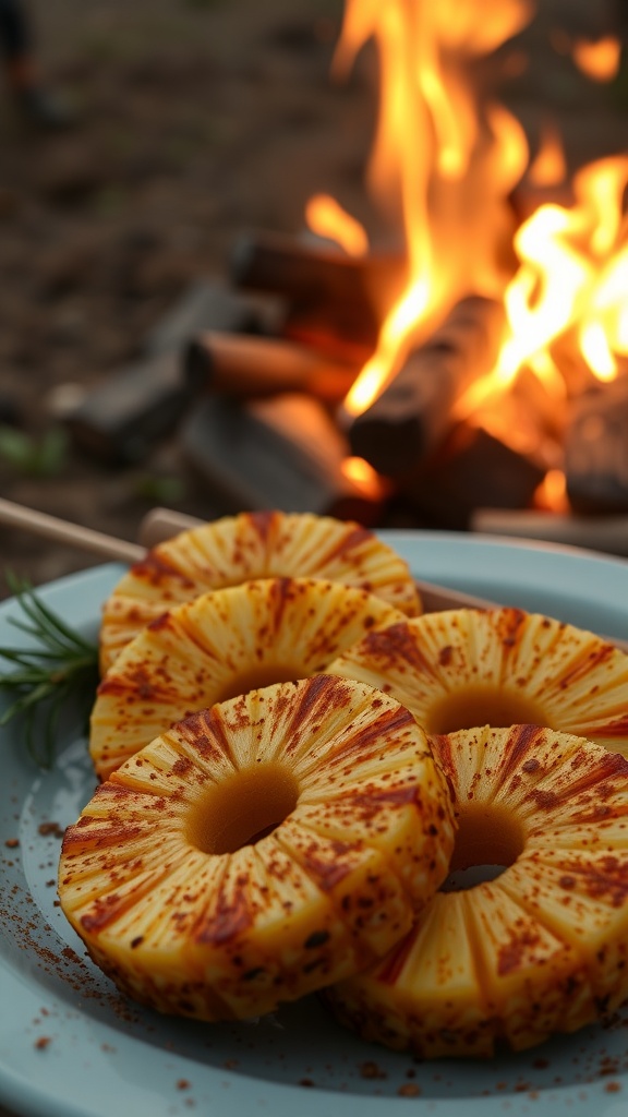 Grilled pineapple rings with cinnamon on a plate, with a campfire in the background.