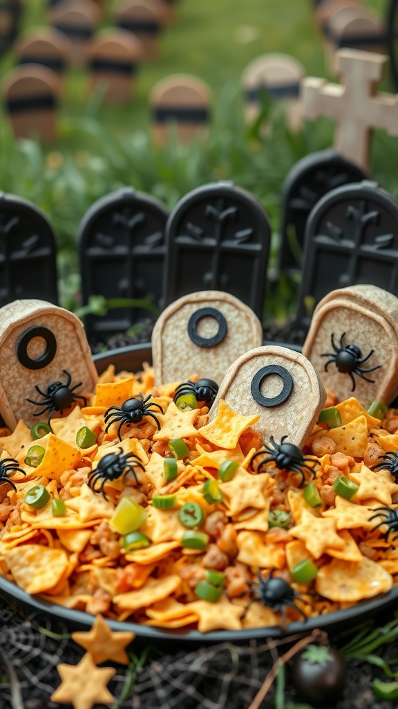 A spooky taco dip decorated with tombstone-shaped tortillas and plastic spiders.