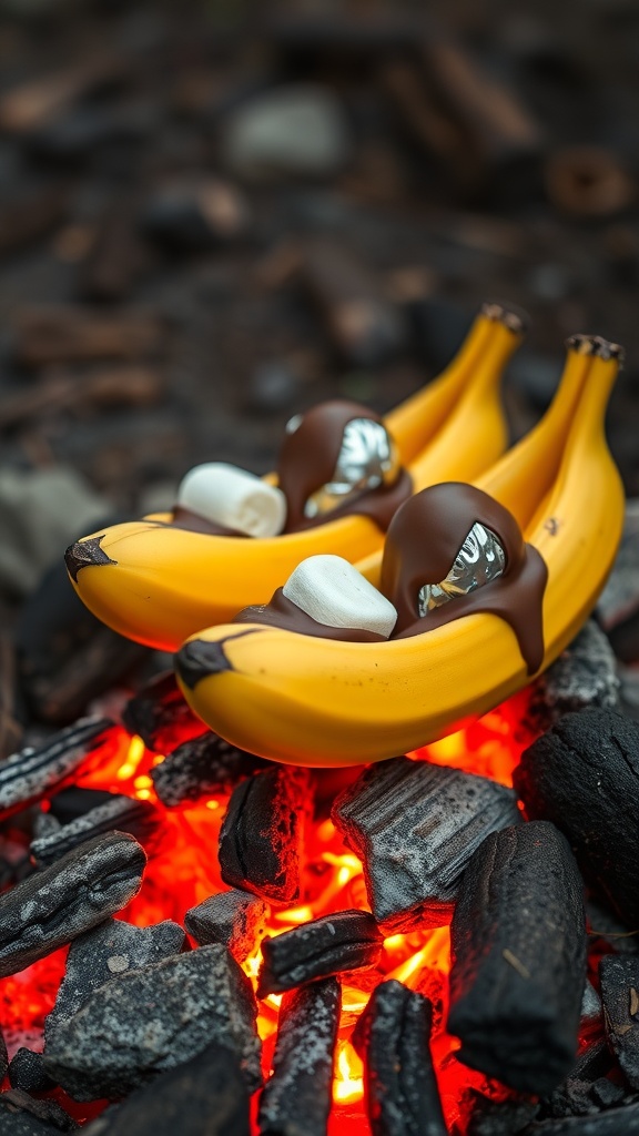 Campfire banana boats with chocolate and marshmallows on hot coals