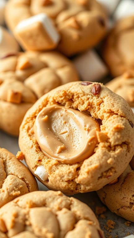 Close-up of peanut butter s'mores cookies with a dollop of peanut butter inside.