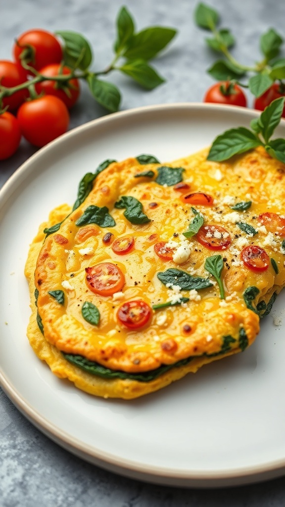 A delicious Spinach and Feta Omelette on a plate, garnished with cherry tomatoes.