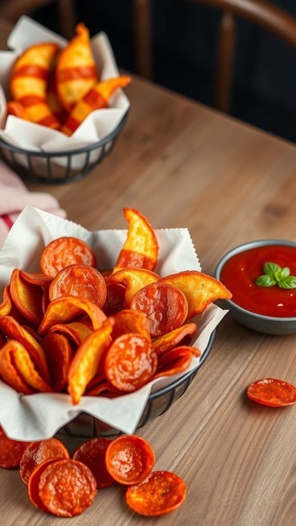 A bowl of crispy pepperoni chips with a side of marinara sauce.
