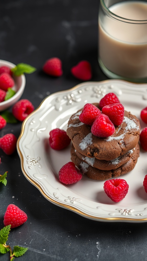 Chocolate raspberry no bake cookies on a decorative plate with fresh raspberries