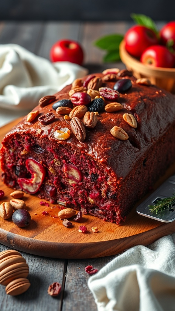 A red fruit and nut cake topped with various nuts, placed on a wooden board with fresh red apples in the background.