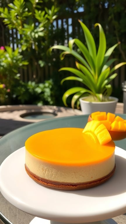 A mango cheesecake with a glossy mango topping and fresh mango slices on a white plate, set against a green garden background.