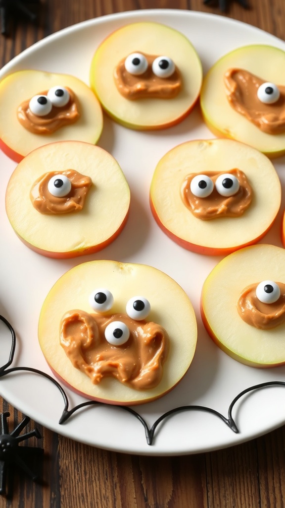 A tray of Monster Apple Bites made from apple slices with peanut butter and candy eyes, creating fun monster faces.