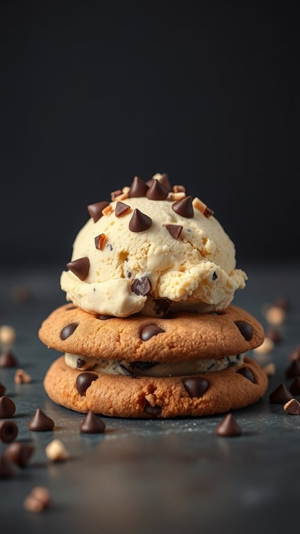 Delicious cookie dough ice cream sandwich with chocolate chip cookies and ice cream