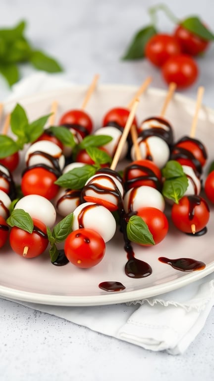 Mini Caprese bites with cherry tomatoes, mozzarella balls, and basil on skewers, drizzled with balsamic glaze.