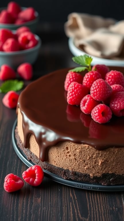 A delicious Raspberry Chocolate Cheesecake topped with chocolate ganache and fresh raspberries.