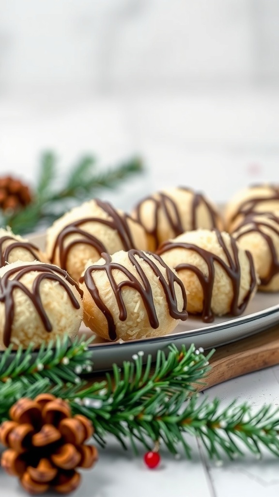 A plate of coconut macaroons drizzled with chocolate, decorated with pine branches and a pine cone.