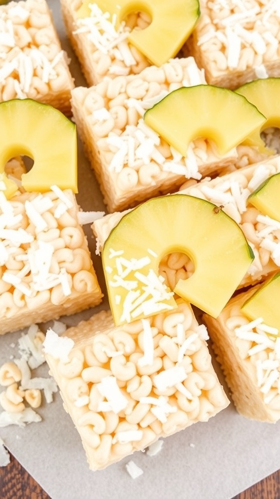 Tropical Coconut Rice Krispie Treats with pineapple slices and a beach background