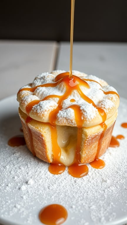 A delicious apple soufflé topped with caramel drizzle and powdered sugar.