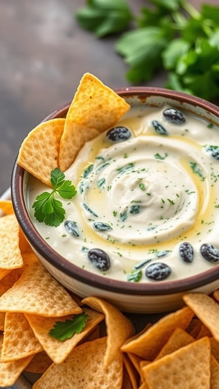 A bowl of cheesy spinach and artichoke dip surrounded by tortilla chips