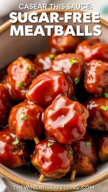 A bowl of meatballs coated in sugar-free BBQ sauce, garnished with green herbs.