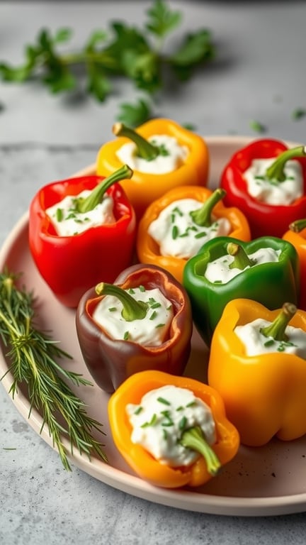 Colorful stuffed mini peppers filled with cream cheese and topped with chives on a plate.