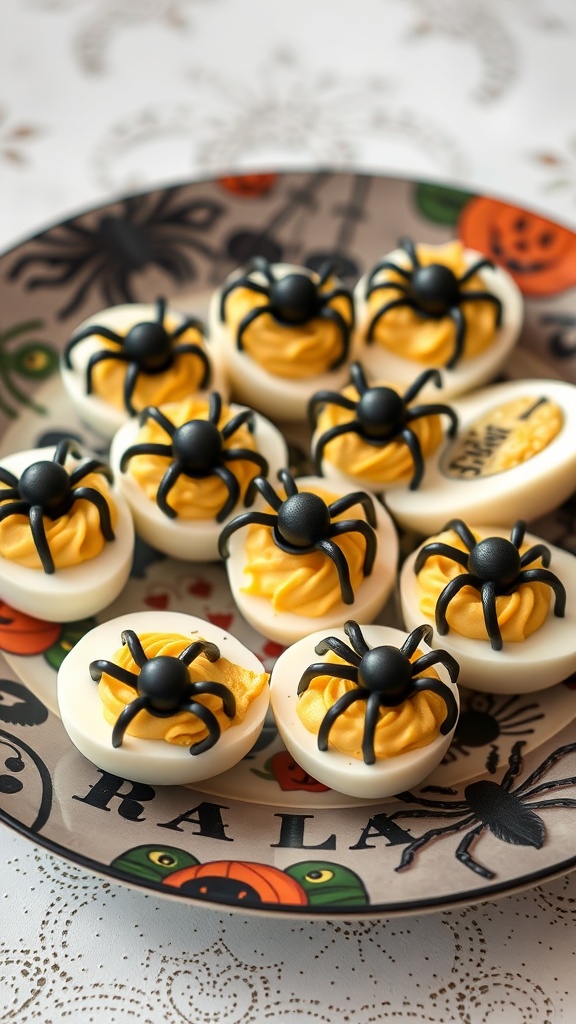 A plate of deviled eggs decorated with edible spider toppings for Halloween.