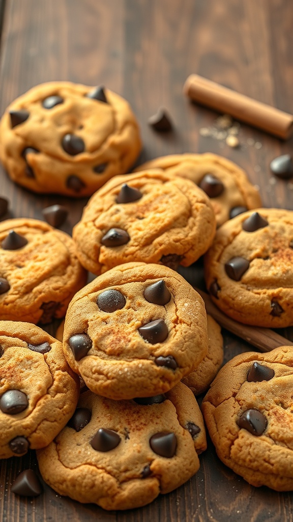 Chewy pumpkin spice chocolate chip cookies on a wooden surface