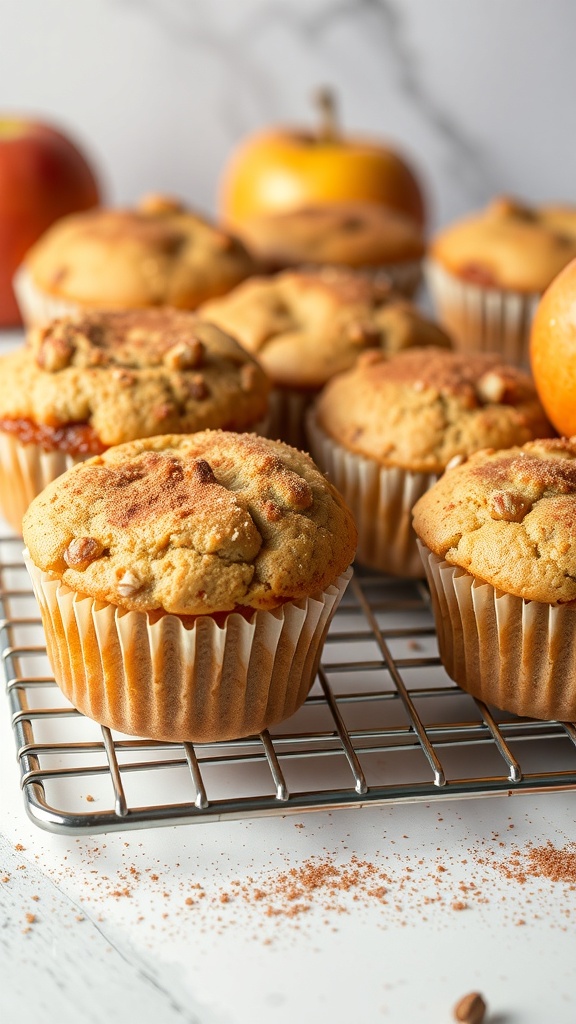 Freshly baked apple cinnamon muffins on a cooling rack with apples in the background.