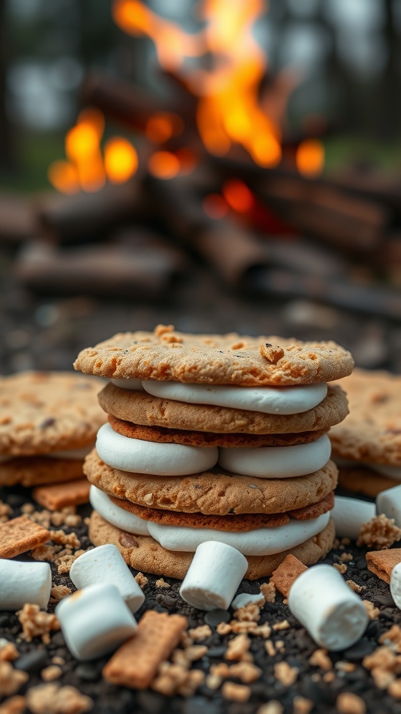 A stack of S'mores No Bake Cookies with graham crackers, marshmallows, and chocolate.