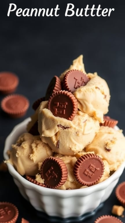 A bowl of peanut butter cup ice cream topped with mini peanut butter cups.