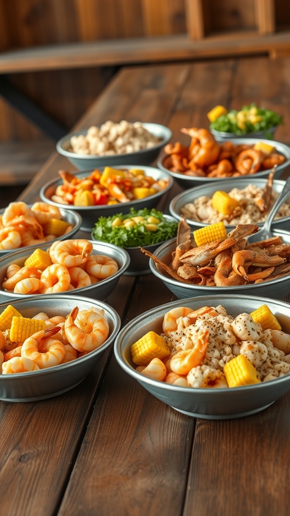 A variety of seafood dishes displayed in bowls, including shrimp, corn, and other ingredients for a seafood boil.