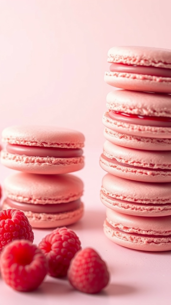 A stack of pink raspberry macarons with fresh raspberries on a pink background.