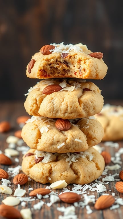 A stack of no-bake Almond Joy cookies topped with almonds and coconut flakes.