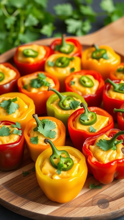 A platter of cheddar and jalapeño stuffed mini peppers topped with cilantro.