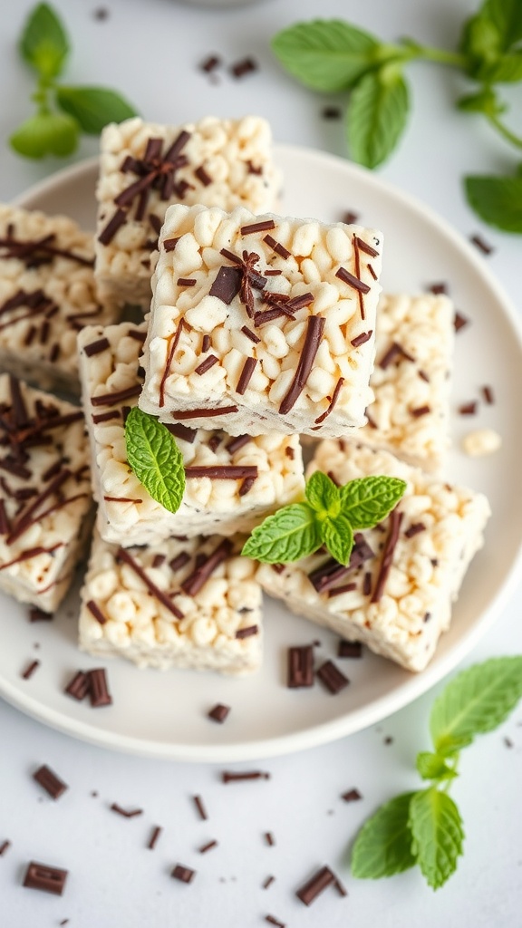 A plate of Mint Chocolate Rice Krispie Treats topped with chocolate shavings and mint leaves.
