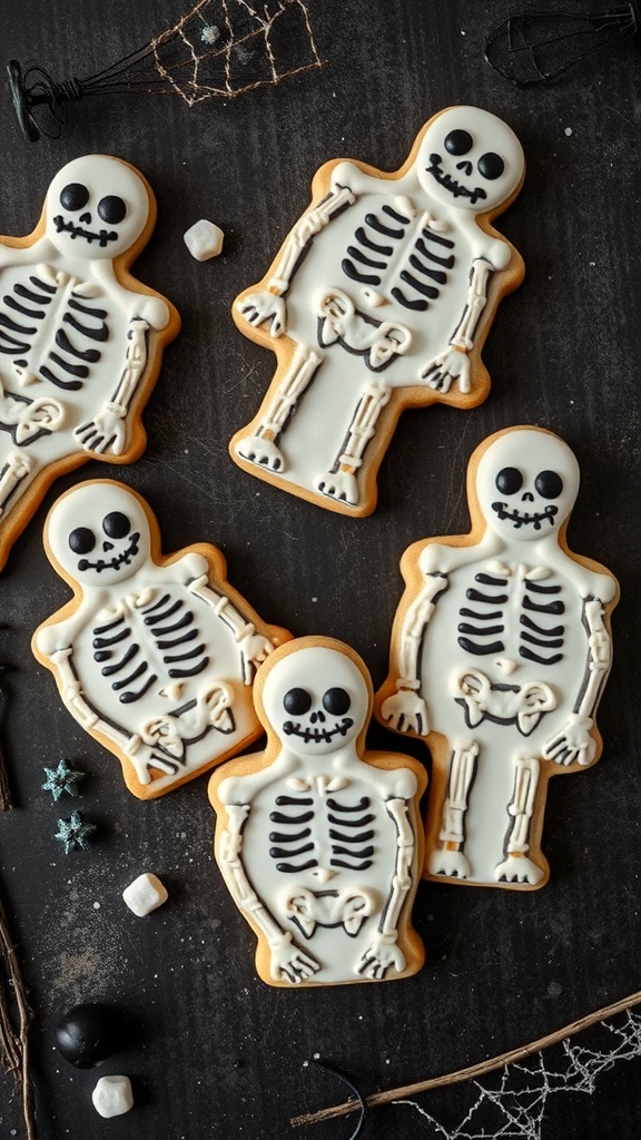 Decorated skeleton cookies on a dark background