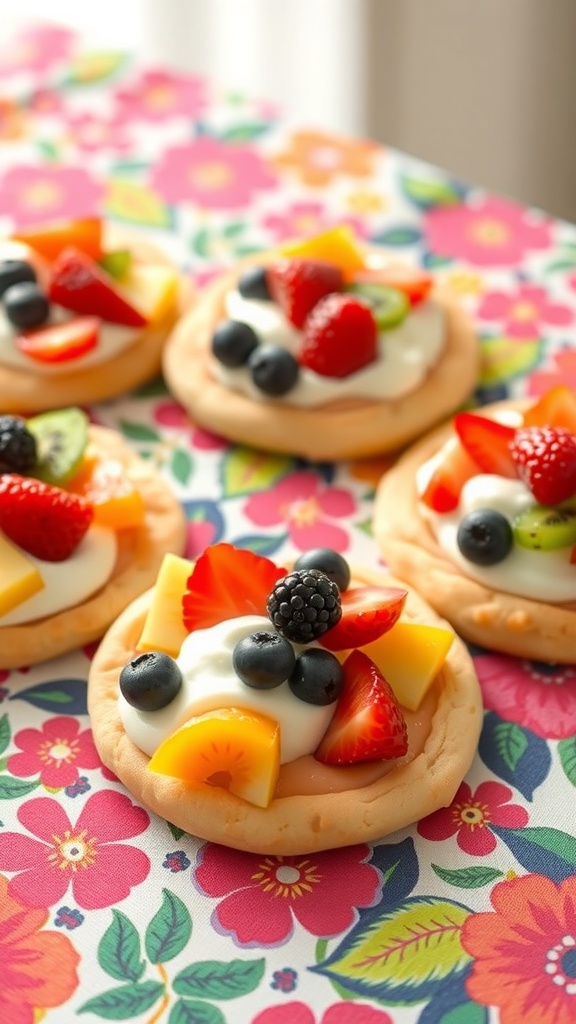Mini fruit pizzas topped with various fruits on a floral tablecloth.