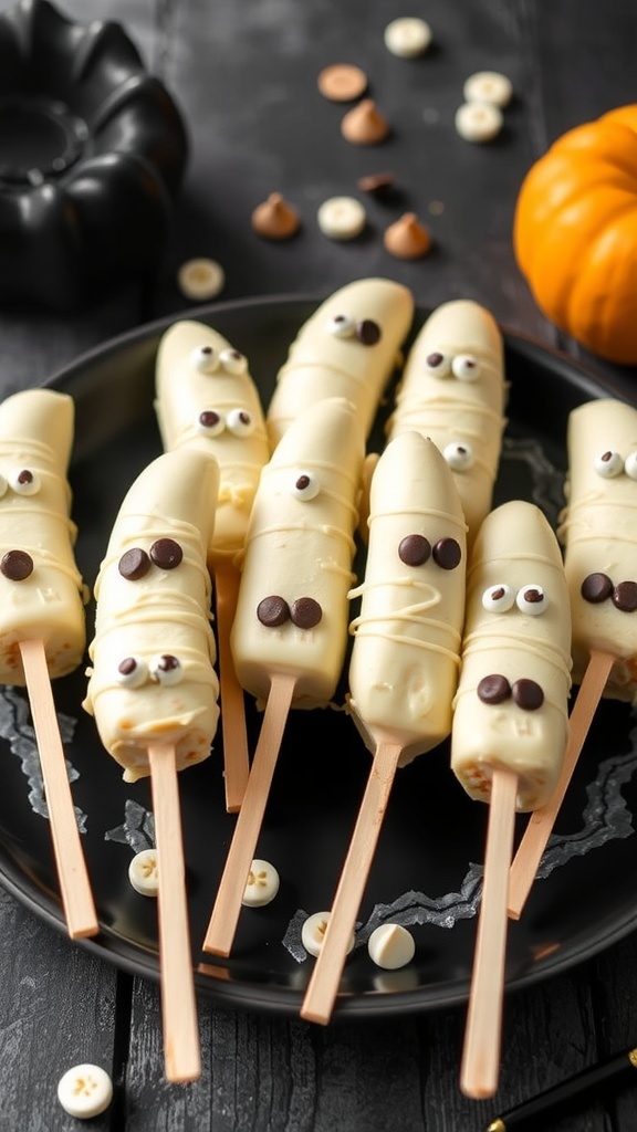 Plate of ghostly banana pops decorated with chocolate eyes