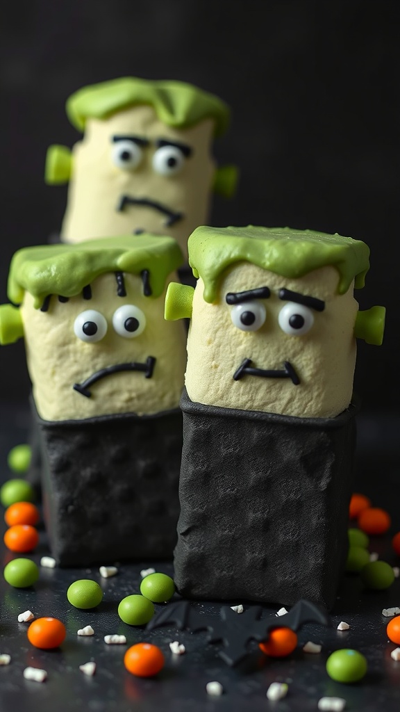 Three Frankenstein marshmallow treats with green hair and black bodies, surrounded by colorful candy.