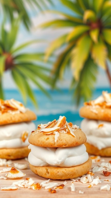 Coconut S'mores Cookies with toasted coconut flakes, set against a tropical beach background.