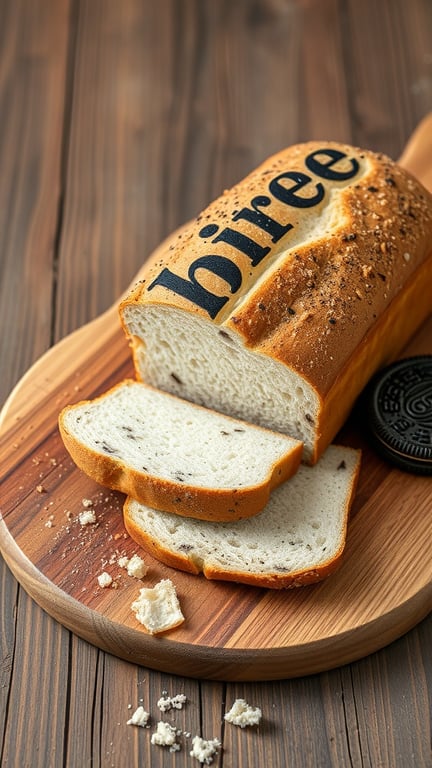 A loaf of Oreo milk bread sliced on a wooden board with an Oreo cookie beside it.