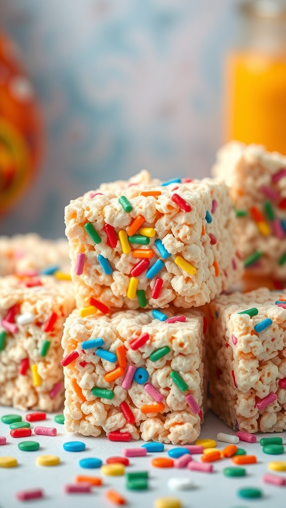 Colorful Rice Krispie treats with rainbow sprinkles stacked on a table