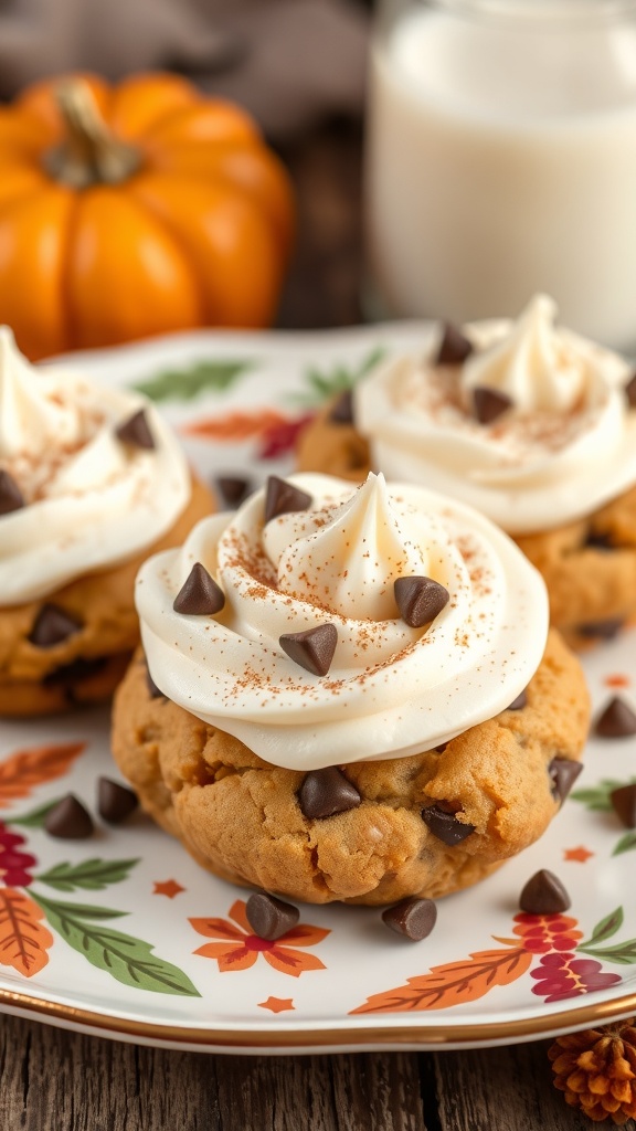 Pumpkin chocolate chip cookies topped with cream cheese frosting and chocolate chips on a decorative plate