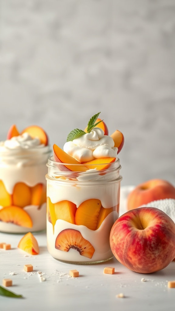 Two jars of peach and cream parfaits with fresh peach slices and whipped cream on top.